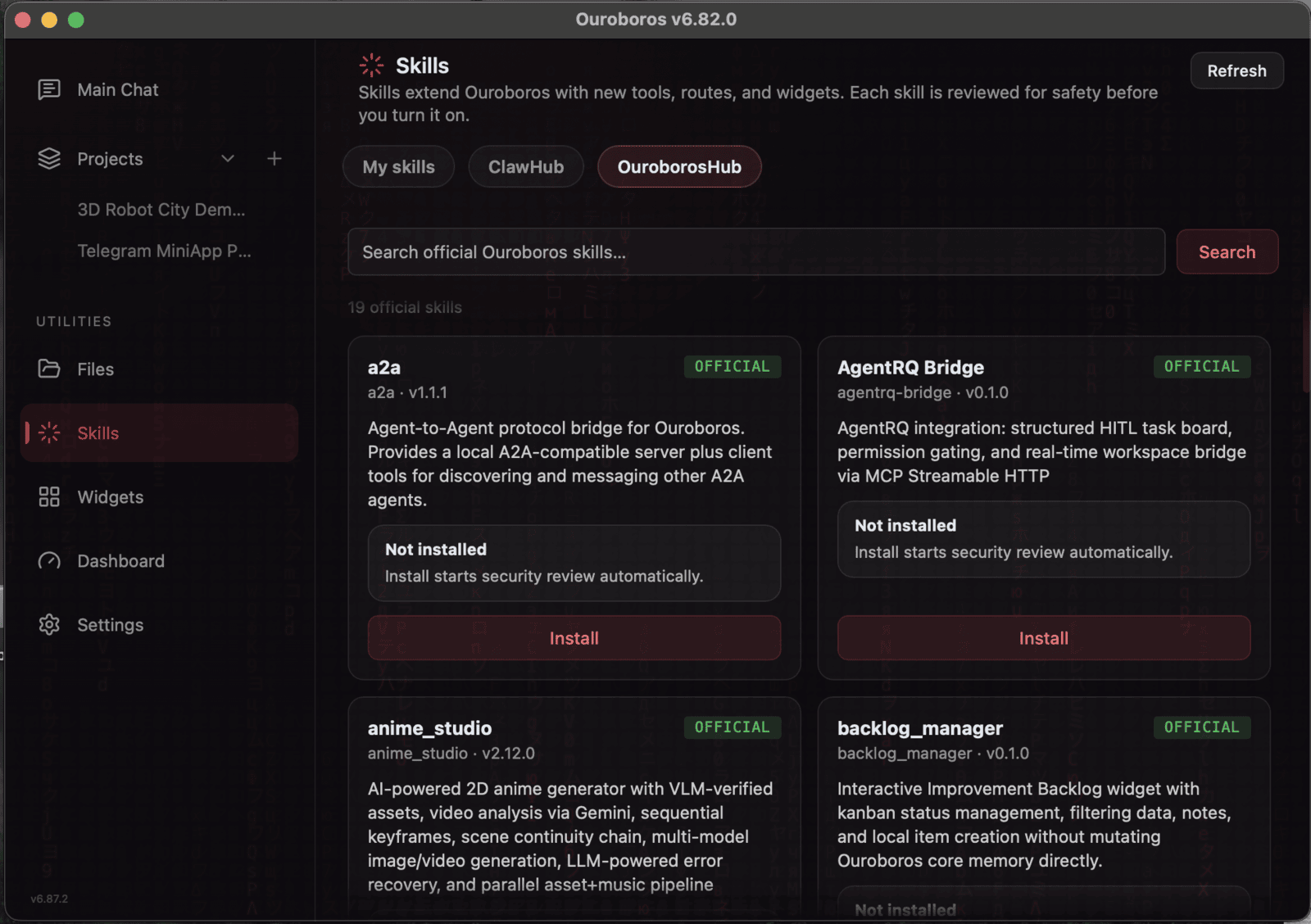 OuroborosHub inside the app: official reviewed skills, each security-reviewed before it can be enabled
